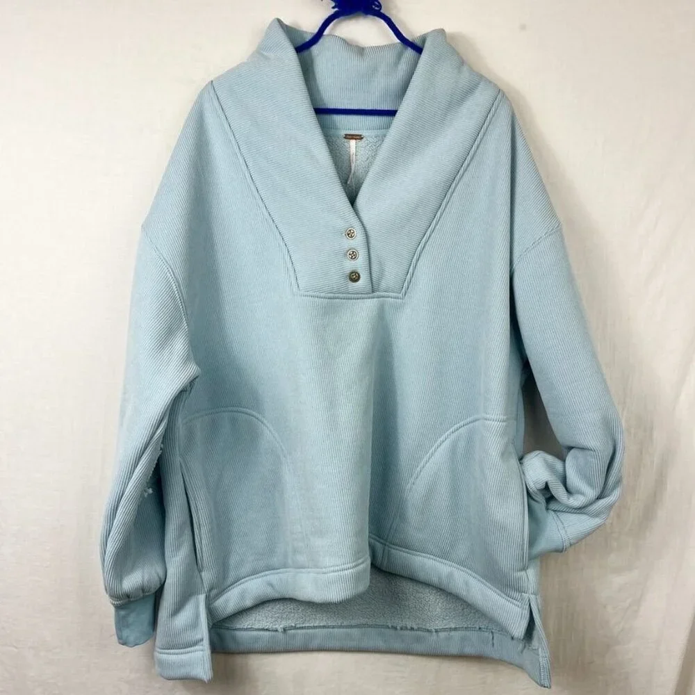 NEW Free People Mia Henley Sweatshirt Blue Womens XL Shawl‎ Collar Fleece Cozy